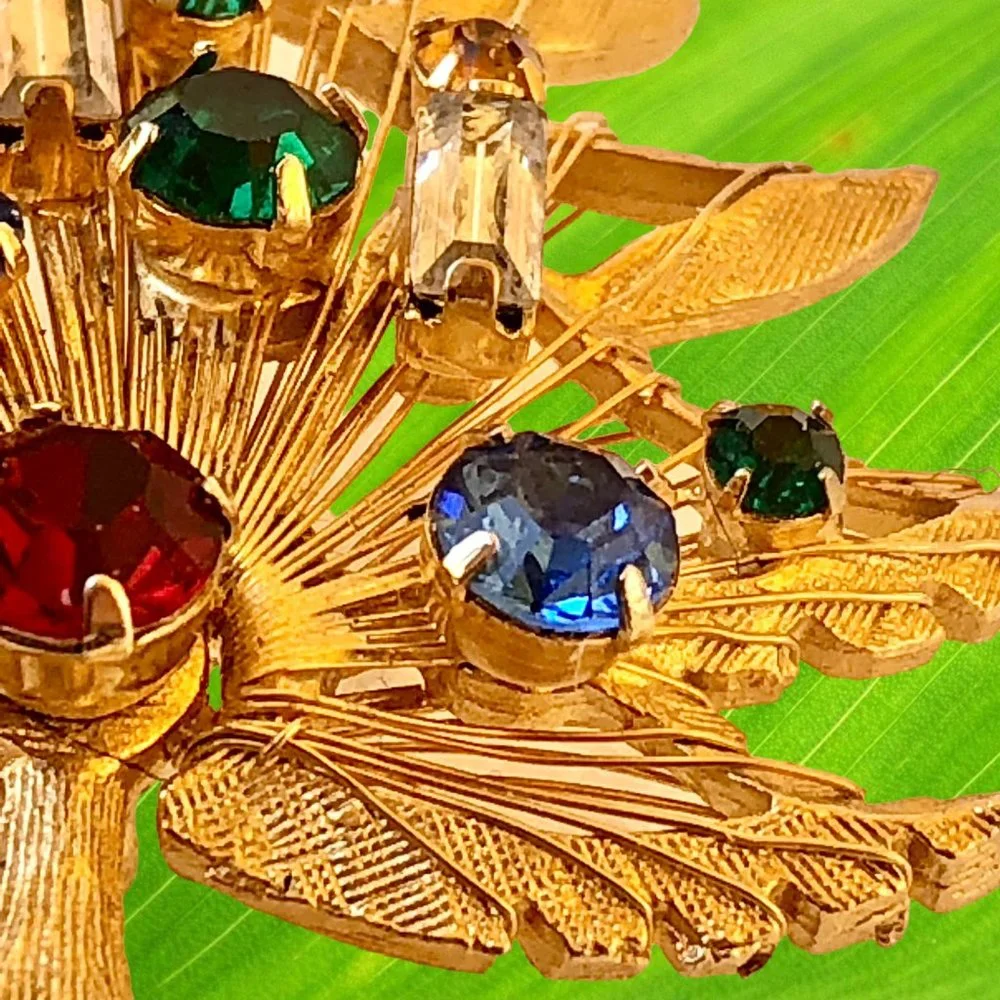Brooks Christmas Tree Pin Brooch Vtg Goldtone Harp Rhinestones Candles Signed